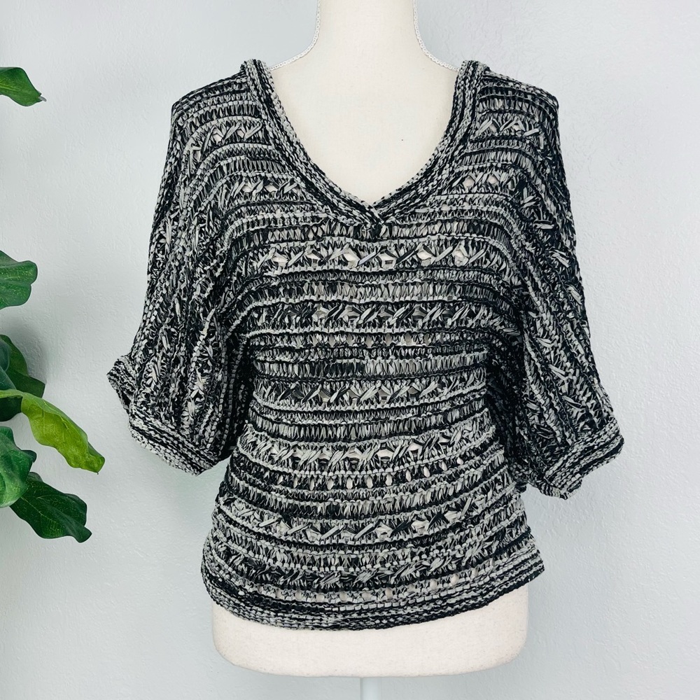 BCBGmaxazria Drop Stitch Sweater Black Off White Marled Doleman Sleeve
